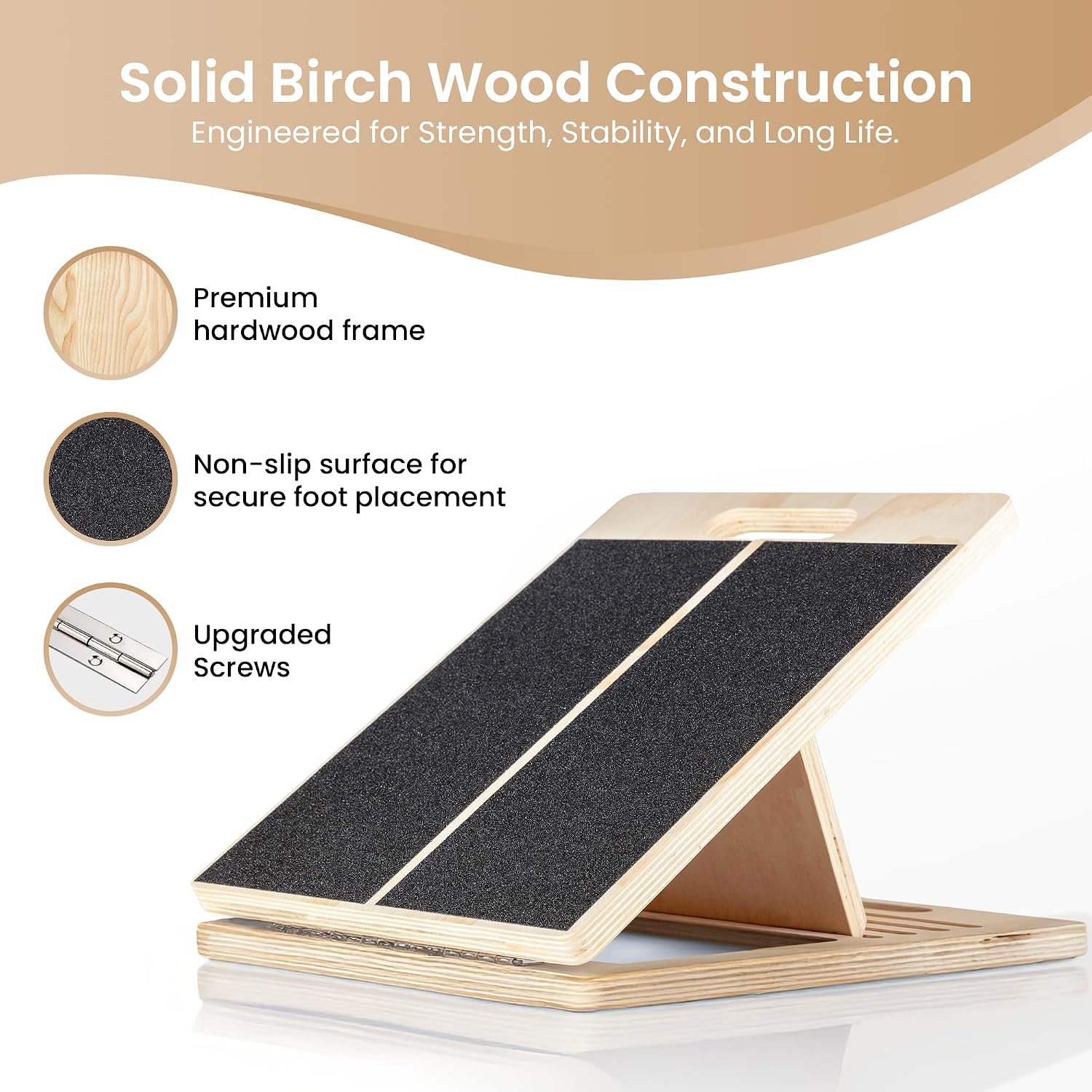 Birch wood slant board with non-slip grip surface and metal hinge