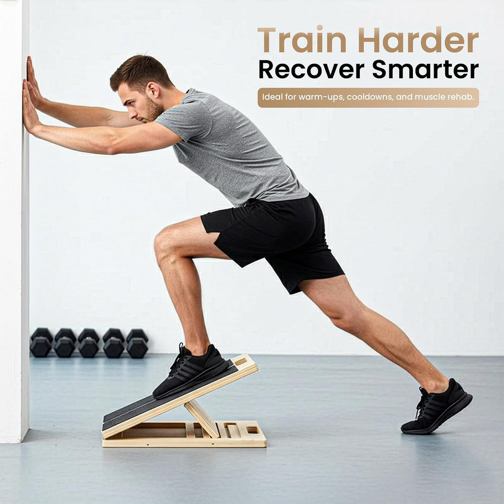 Man doing a calf stretch against a wall with one foot on the slant board