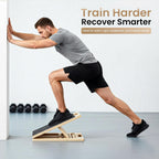Man doing a calf stretch against a wall with one foot on the slant board